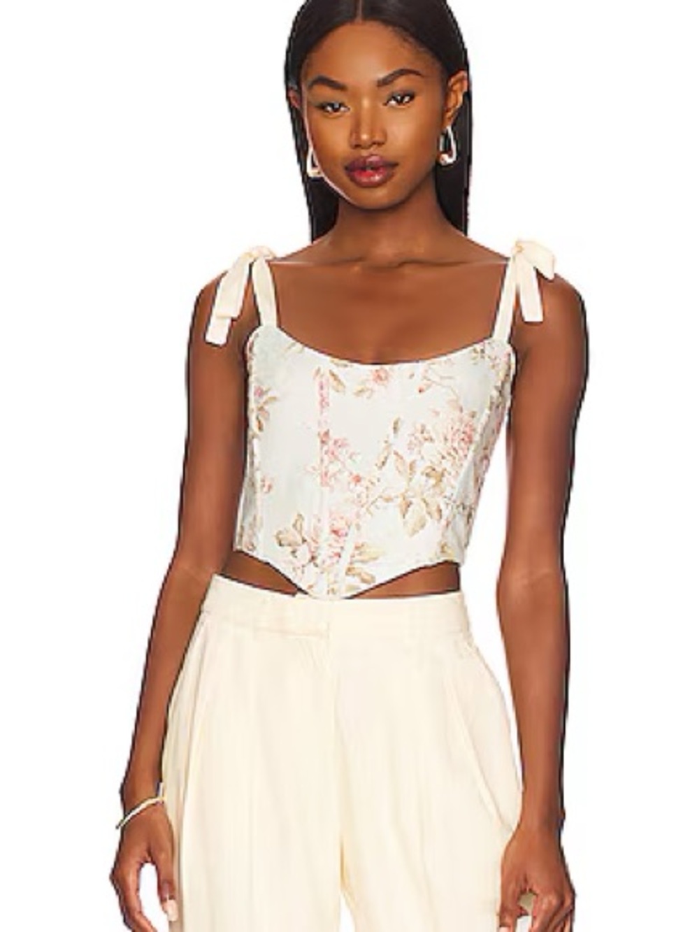 V. Chapman Cream Floral Tie-Shoulder Cropped Corset top